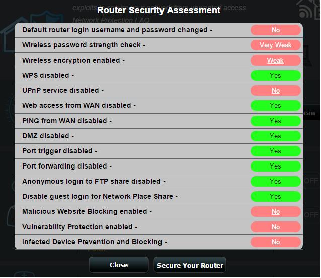 مهم! موارد مشخص شده با Yes )بله( در صفحه Router Security Assessment )ارزیابی امنیت روتر( دارای وضعیت ایمن محسوب می شوند.