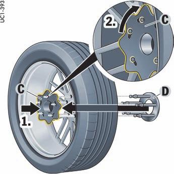 逆时针转动固定片 C 6. 拆下转接器 D 和固定片 C 将备用轮胎安装到备胎架上 1.