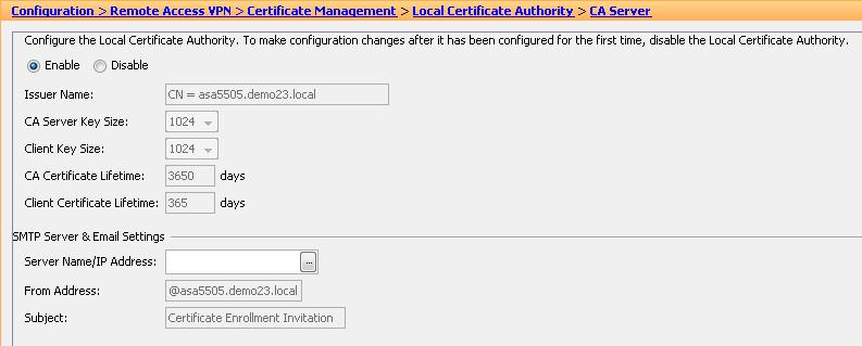 次性密码 (OTP) 给需要获取证书的用户 如果没有邮件服务器, 也可以在 ASDM 上直接查看用户名和 OTP 4) More options 的 publish-crl interface and port 选择 outside 5) 其他采用缺省值, 点击 Apply 三 在 ASA 配置身份证书 如果已经完成证书的申请, 则可以直接选中 Import the identity