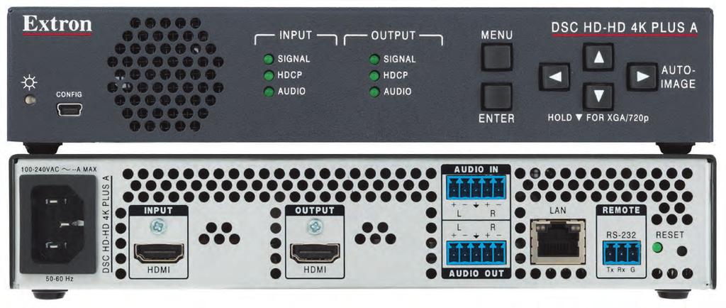 概述 前面板配置端口使用 PCS 软件方便地访问系统配置和固件升级 ED 信号状态指示灯对信号 和音频存在状态提供了快速的可视确认 前面板控制和在屏显示方便地访问设备配置和状态 DSC HD-HD 4K Plus A 2.0/ 2.
