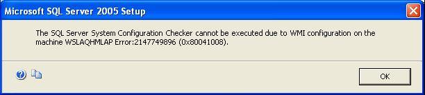 如何排除软件安装故障 弹出消息显示错误 2147749896 原因 : 在 SQL Server 2005 Express Edition 安装过程中, 出现图 35 中显示的错误消息 图 35. Configuration Checker 的错误消息弹出 glq045.png 解决方案 : 将以下脚本复制到文本编辑器, 并另存为 fixwmi.