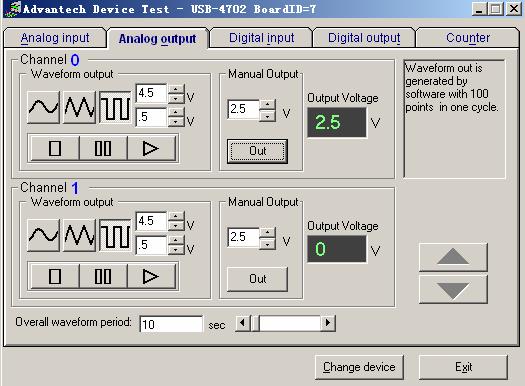 两个模拟输出通道可以通过软件设置选择输出正弦波 三角波 方波, 您也可以设置输出波频率以 及输出电压幅值 例如, 要使通道 0 输出 4.