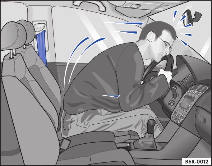 乘员未系安全带时会出现什么情况? 图 57 碰撞时未系安全带的驾驶员被猛烈抛向前 见, 第 72 页 普遍存在一种错误观念, 认为汽车发生轻度碰撞时用双手控制身体即可免遭伤害!