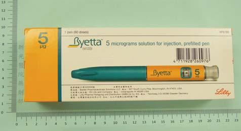 18. Exenatide 5mcg/dose 60doses/set 藥品中文名稱 美國 降爾糖注射劑 0.25 毫克 / 毫升 藥品英文名稱 Byetta Injection 0.
