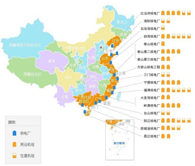 中国大陆核电厂分布图 (