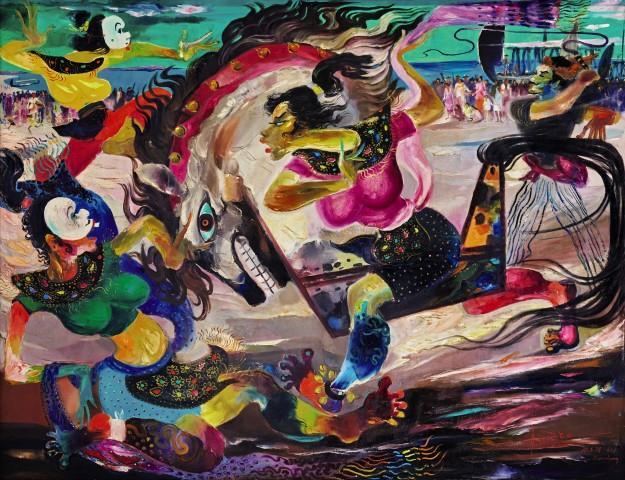Sudjojono) 的作品 ; 而其中最显赫重要之作, 则非亨德拉 古拿温的 独立战争中的阿里 萨迪金 莫属 古拿温因政治原因被囚禁 13 年之久, 但在这段期间, 萨迪金却不断为其提供画布与绘画用品, 在牢狱中赋予他创作的自由 独立战争中的阿里 萨迪金 以印尼独立战争为背景, 在刻画此重要历史事件之余, 同时凸显艺术家对萨迪金至诚善意与慷慨赞助的感谢,