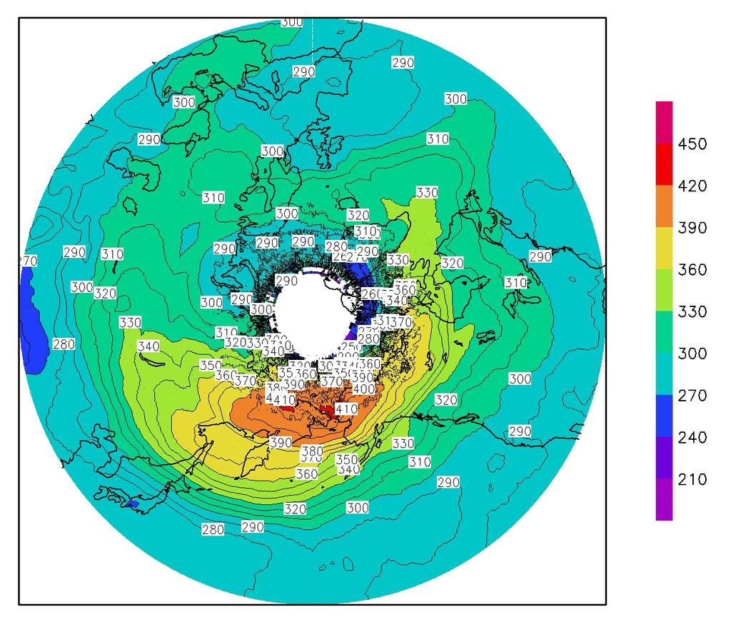 2017 年 10 月 风云卫星全球及中国地区遥感监测月报 北极地区臭氧总量月平均分布 每年的 2 月份开始, 北极地区开始进入极昼,10 月份北极臭氧总量一般在高纬度较高, 图 27 为