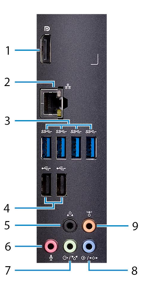 背面板 1 Display Port 端口 连接仅用于调试目的 2 网络端口 注 : 使用独立图形卡上的视频端口连接外部显示器或投影仪 连接路由器或宽带调制解调器的以太网 (RJ45) 电缆, 用于网络或 Internet 连接 3 USB