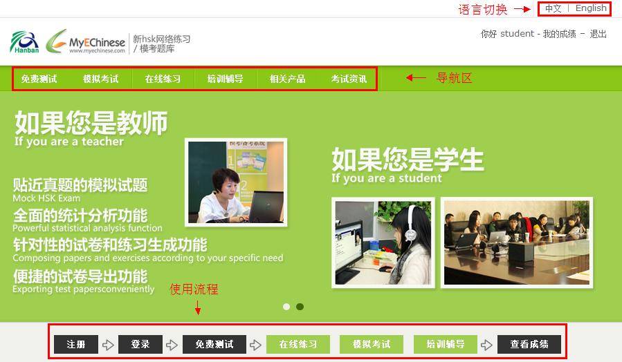 1.3 Homepage Navigation Section: HSK. Free Test: Assesses your Chinese level and provides HSK advice. HSK Mock Test: Realistic tests written according to the new HSK Syllabus.
