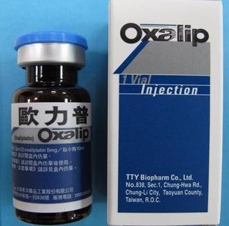 藥物圖片 說明學名 :Oxaliplatin 商品名 :Oxalip 中文名 : 歐力普給藥途徑 : 靜脈注射規格含量 :50mg/10ml/ 瓶 作用機轉 : 阻斷 DNA 的合成常見副作用 : 腹瀉 噁心 嘔吐 疲倦 血球減少