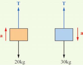 第 7 章 動力學基本定律及應用 7-5 如圖 7-12(a) 所示, 設有二物體之質量為 30kg 及 20kg, 以一軟繩繞於一 滑輪上, 試求此系統之加速度及繩之張力 (a) 示意圖 (b) 自由體圖 圖 7-12 畫出 30kg 及