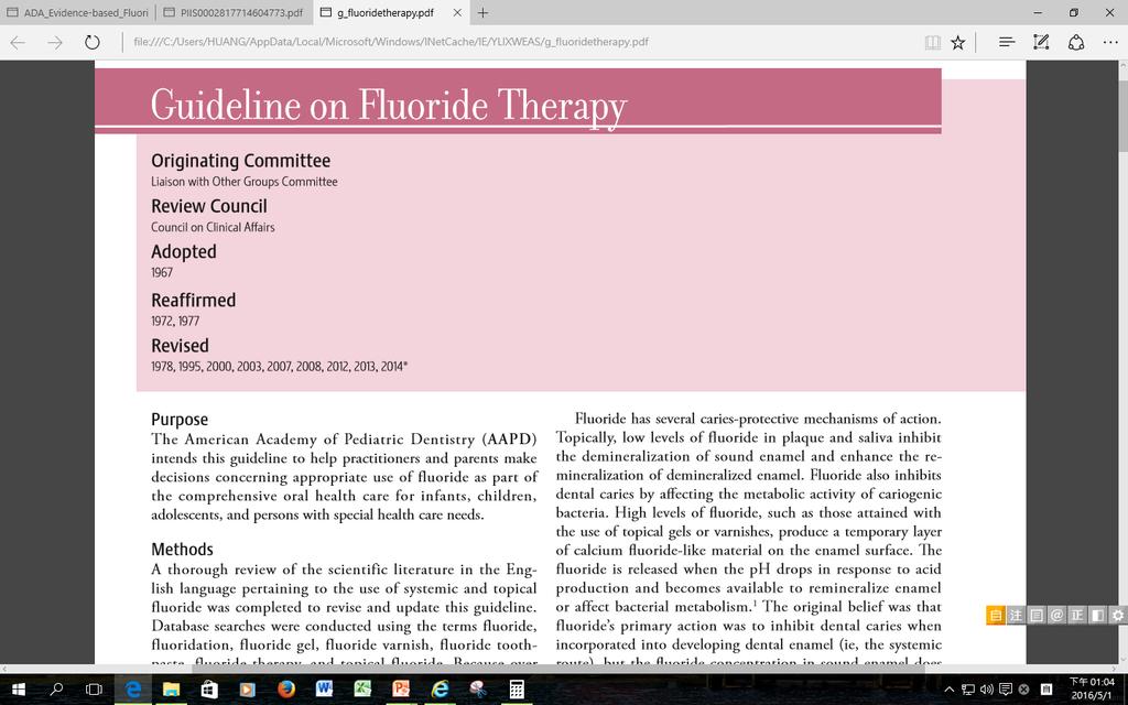 GUIDELINE ON FLUORIDE THERAPY AAPD, 2014 From: American Academy of Pediatric Dentistry.