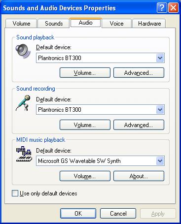 Windows XP 的 PC 音频设置 ( 要访问此屏幕 : 开始 > 控制面板 > 声音和音频设备 ) 默认设置 : 所有 PC 声音和音频将在耳机中播放 Blackwire C7xx Blackwire