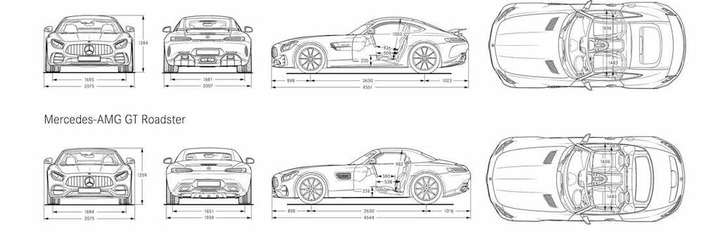 66 67 尺寸 在此每一車款 都達到完美 絲毫無可挑惕的尺寸與比例 Mercedes-AMG GT (S) Mercedes-AMG GT R Mercedes-AMG GT C