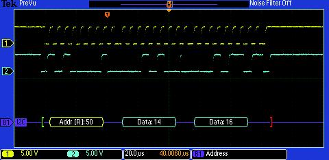 混合信号示波器 - MSO2000B 系列 DPO2000B 系列 触发经过 I 2 C 总线的特定数据包 黄色波形是时钟, 蓝色波形是数据 总线波形提供了解码的数据包内容, 包括 Start Address Read/Write Data 和 Stop 事件表显示长采集中每个 CAN 数据包解码后的标识符 DLC DATA 和 CRC 串行触发和分析 ( 选配 ) 在串行总线上,