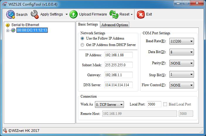 5 WIZS2E ConfigTool 软件配置 WIZS2E ConfigTool 是运行在 Windows 操作系统上且兼容 W5500S2E W7500S2E 系列模块的上位机配置软件, 用户可以通过 WIZS2E ConfigTool 非常方便地搜索 查看 配置 W5500S2E W7500S2E 系列模块的各项功能和信息 5.