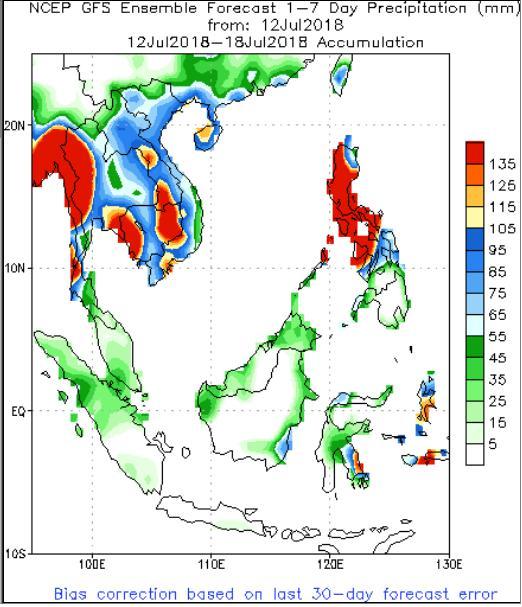 图 1 东南亚主产区降水量 ( 未来一周 ) 图 2 降水量相对值 ( 未来一周