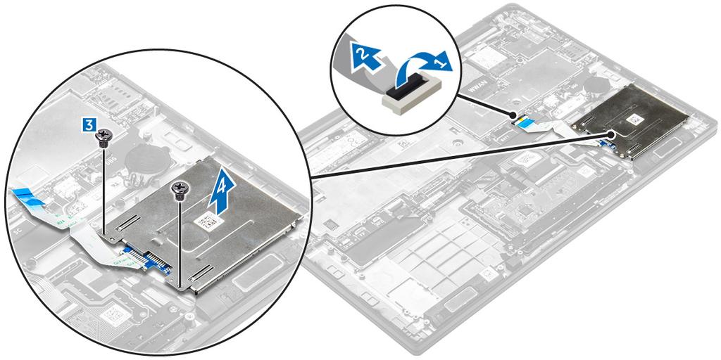 安装币形电池 1. 将币形电池置于系统板的插槽中 2. 将币形电池电缆连接至系统板上的连接器 3. 将电池电缆连接至系统板上的连接器 4. 安装以下组件 : a. 基座盖 5. 按照 拆装计算机内部组件之后 中的步骤进行操作 卸下智能卡固定框架 1. 按照 拆装计算机内部组件之前 中的步骤进行操作 2. 卸下以下组件 : a. 基座盖 b. 电池 3.