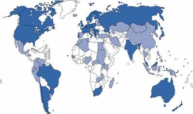国家流感中心地理分布 白色 : 无实验室 深篮