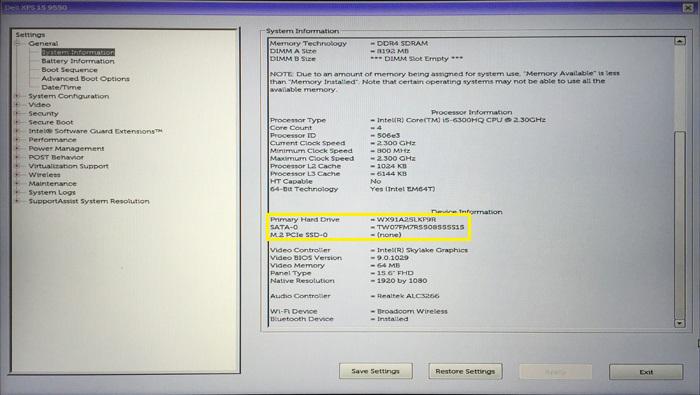 在 Windows 10 中识别硬盘驱动器 1 单击 Windows 10 超级按钮栏上的所有设置 2 单击控制面板, 选择设备管理器, 然后展开磁盘驱动器 硬盘驱动器在磁盘驱动器下列出 在 BIOS 中识别硬盘驱动器 1 打开或重新启动笔记本电脑 2 在显示 DELL 徽标时, 执行以下操作之一以进入 BIOS 设置程序 : 使用键盘 轻按 F2 直至显示 Entering BIOS