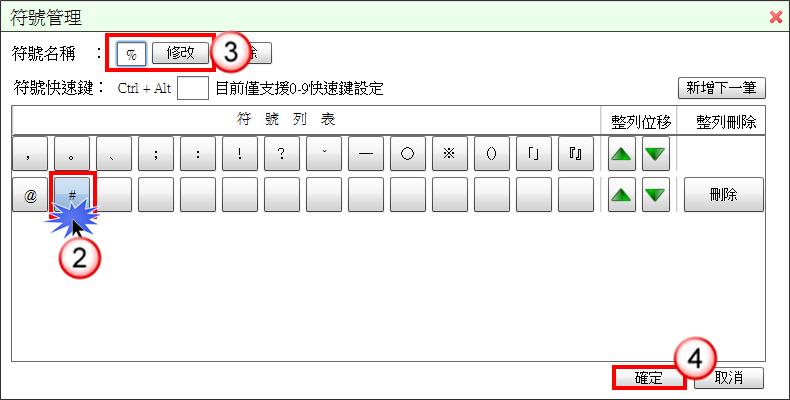 2. 修改符號 (1) 於使用者設定功能選單, 點選 符號管理 (2) 點選欲修改之符號鈕 (3) 於