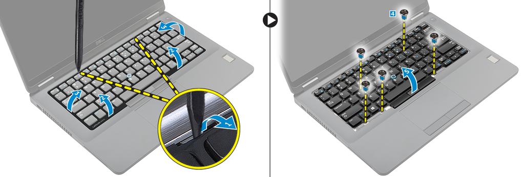 将键盘提离计算机 [5] 安装键盘 1. 将键盘与计算机上的螺钉固定器对齐 2. 拧紧螺钉, 以将键盘固定至计算机 3.