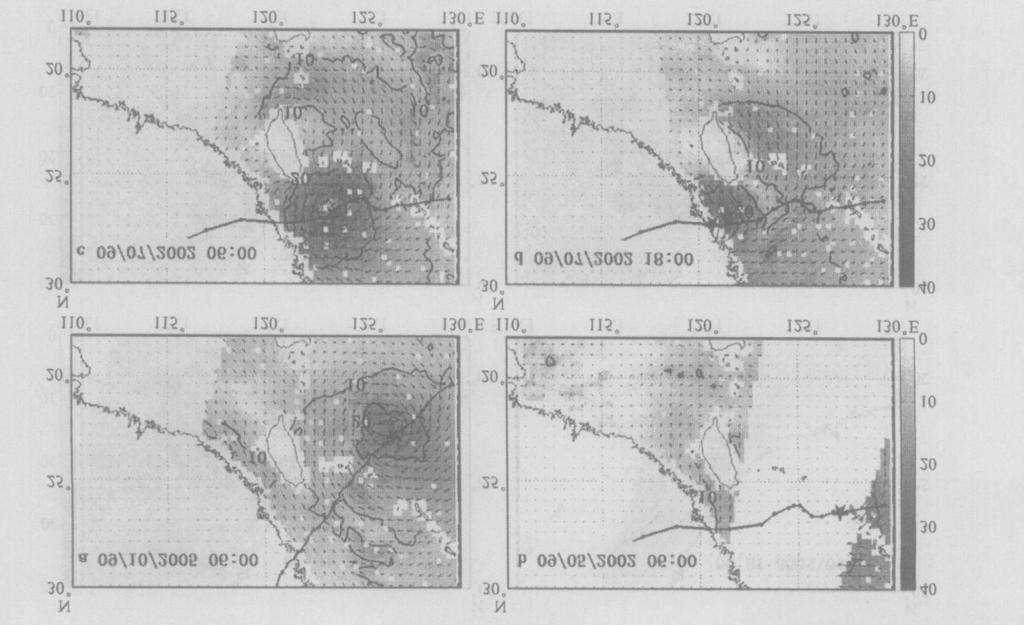 144 () 2007 5 0515 (a) 0216 (b,c,d) (m/ s) Fig. 5 Sea surface wind field (m/ s) of typhoon 0515 (a) and 0216 (b,c,d),,. 7 18 6 (4c),.,() ;,, 33 m/ s,,() [3 ]. (4d),,.