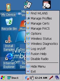 2-18 MC92N0-G 使用者指南 Windows CE 裝置 點選 Signal Strength ( 訊號強度 ) 圖示以顯示 Wireless Launcher ( 無線啟動程式 ) 功能表 訊號強度圖示 圖 2-15 無線應用程式功能表 Windows Embedded Handheld