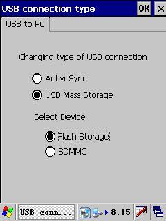 可以设备 USB 的通讯模式 : 1 ActiveSync 模式, PC 端需要有 ActiveSync 软件支持 2 USB mass