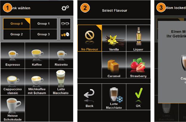 操作 可在 饮品设置 中对所有饮品进行配置 从 View setup 菜单下的选择列表 [ 饮品分组 ] 中选择 在显示的包含最高