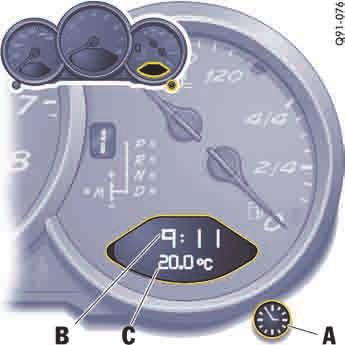 A - 时钟调节按钮 B - 时钟 C - 车外温度显示 时钟自动关闭点火装置关闭 4 min 后, 或者当车辆被锁止后, 时钟显示将会消失 设置时间 h 警告 存在因车辆失控而导致事故的风险 如果试图在驾驶时设置时钟, 可能会失去对车辆的控制 f 驾驶中不要将手臂穿过方向盘轮辐进行设置 f 开启点火装置 设置小时 f 按下调节按钮 A 约 1 秒 小时显示闪烁 f 向适当方向旋转按钮 : 向右