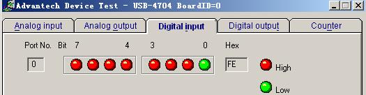 平还是高电平 ( 红色为高, 绿色为低 ) 例如, 将通道 0 对应管脚 DI0 与数字地 DGND 短接, 则 通道 0