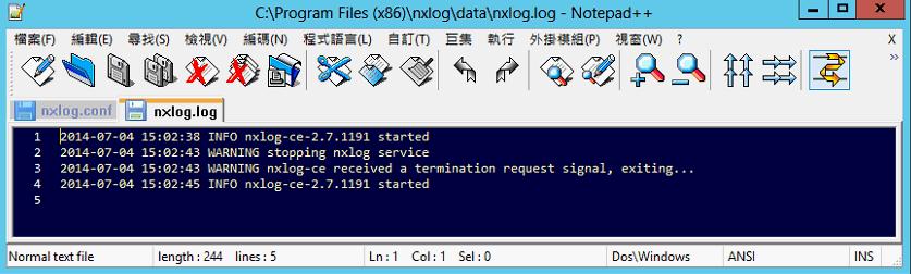 4. 檢查 NXLOG 是否正常啟動 : 檢查 NXLOG 的 log 檔 "C:\Program Files (x86)\nxlog\data\nxlog.