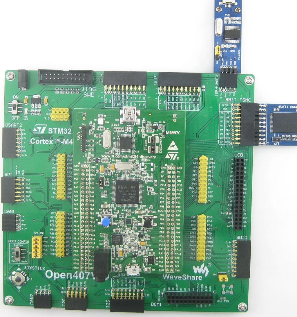 测试 Nand Flash_SCB0 功能 硬件连接 将 K9F1G08U0C NandFlash Board( 主芯片为 K9F1G08U0D SCB0) 连接到 8BIT FSMC 接口