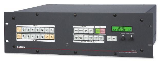 概述 带背光的输入 / 输出选择按键带有清晰标签的背光按键可以轻松识别输入 / 输出的选择及关联, 简化了前面板操作 配置端口在安装后, 可通过前面板 RS-232 串行端口方便地对 ISM 824 进行设置和配置 用户友好的界面直观的菜单式 LCD 界面